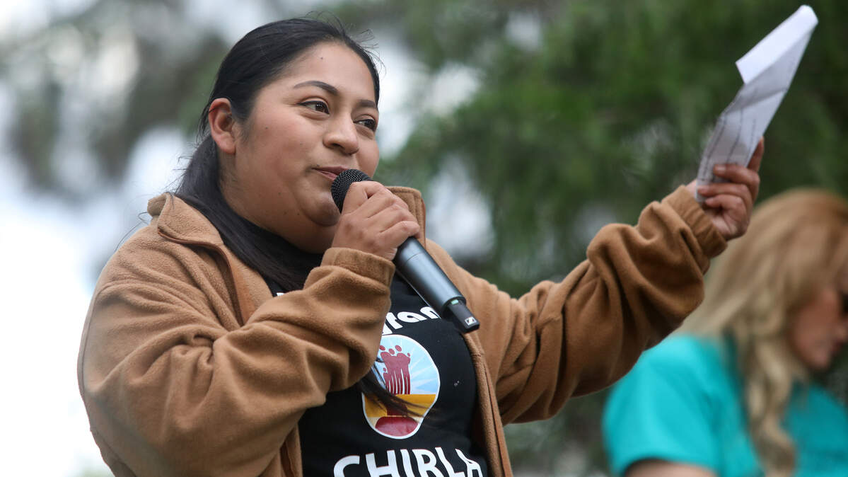 Brenda Ordaz, community education coordinator with Coalition for Humane Immigrant Rights of Los Ángeles (CHIRLA), presented a list of pro-immigrant demands during the May 1, 2023 Fresno May Day Immigration Reform rally/march.