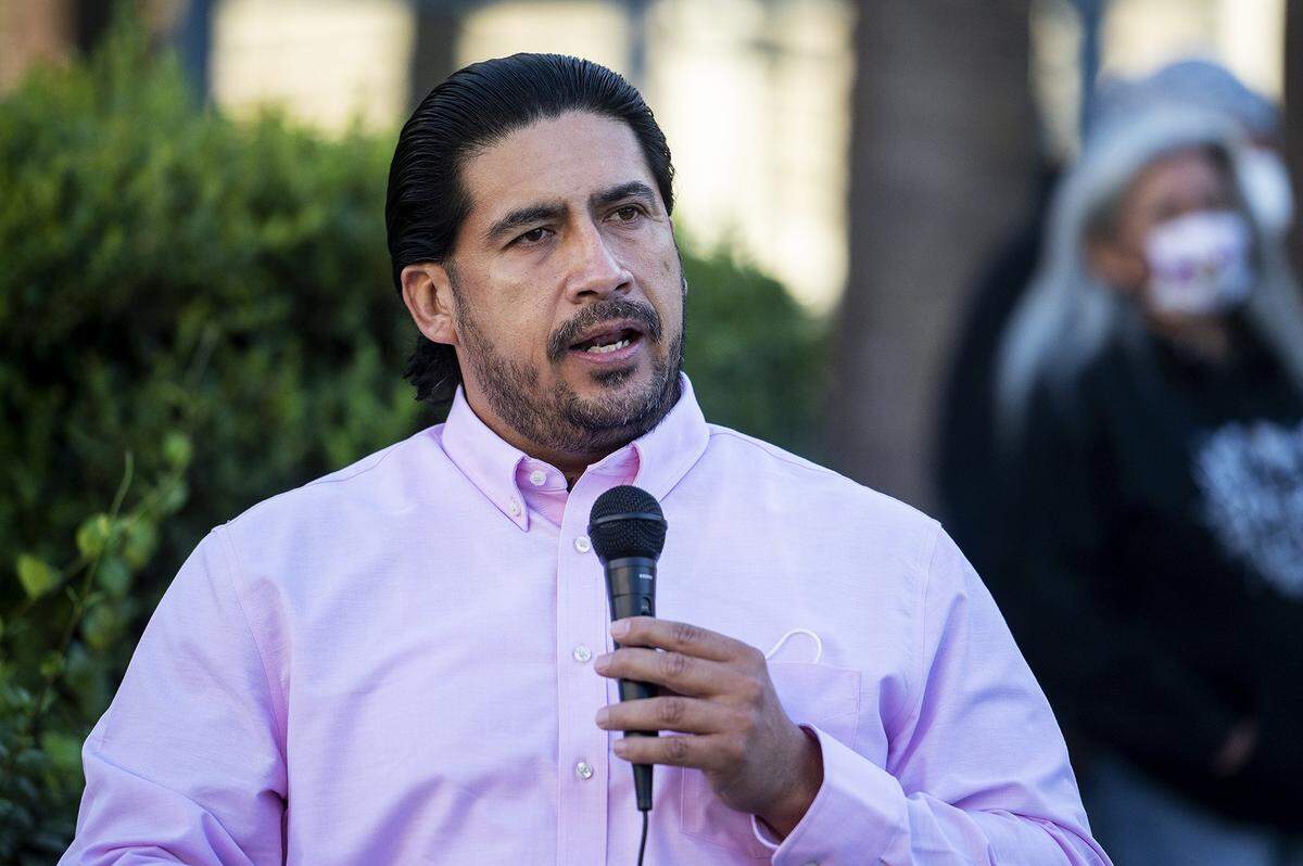Merced City Councilmember Jesse Ornelas speaks to youth and community members outside the Merced Civic Center during the Fund Our Futures rally in Merced, Calif., on Monday, Oct. 18, 2021.