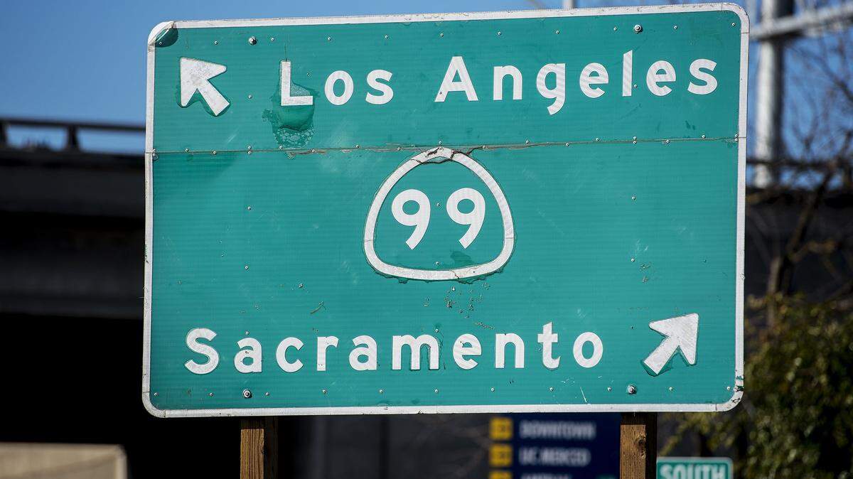 A Highway 99 sign in Merced, CA.