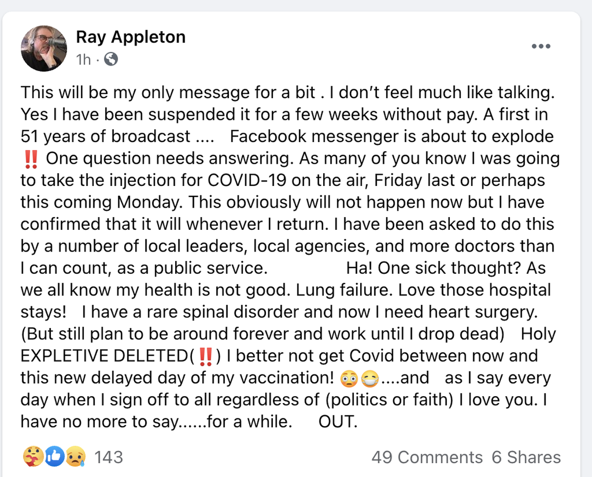Fresno talk radio host Ray Appleton shared this on his Facebook page after being suspended for saying on air that some members of the media should be “hanged.”