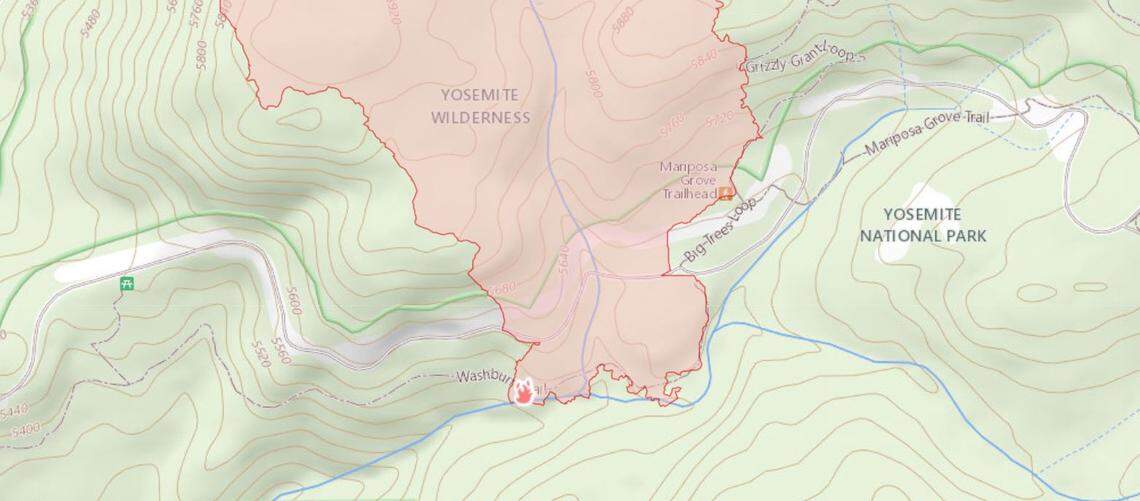 A topographic map of the area where the Washburn Fire started on July 7, 2022, along the Washburn Trail shows several nearby streambeds, depicted as blue lines. The fire’s proximity to roads and trails where visitors were evacuated from the fire area, and to streams, are cited as reasons Yosemite National Park fire commanders turned down an offer from another agency’s aircraft to drop fire-retardant chemicals on the Washburn Fire in its earliest stages.