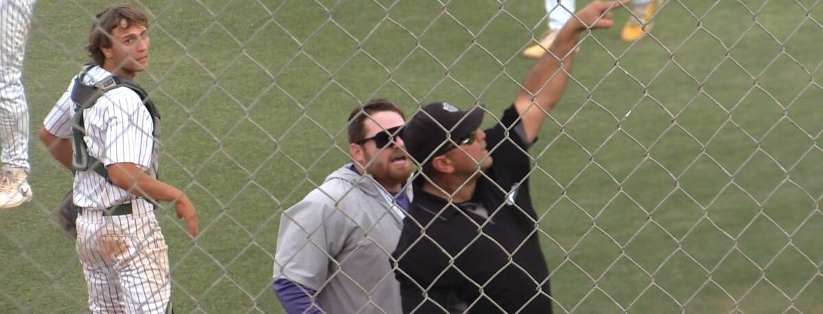 Washington Union baseball coach Matt Fox is thrown out of the game after arguing a controversial call at home plate in Kingsburg’s 1-0 victory in a Central Section Division II semifinal game on Friday, May 23, 2025.