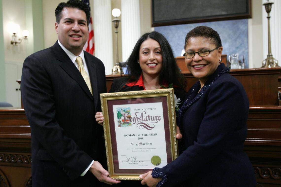 Now former Los Angeles City Council President Nury Martinez (center) in Sacramento on March 10, 2008, in this file photo.