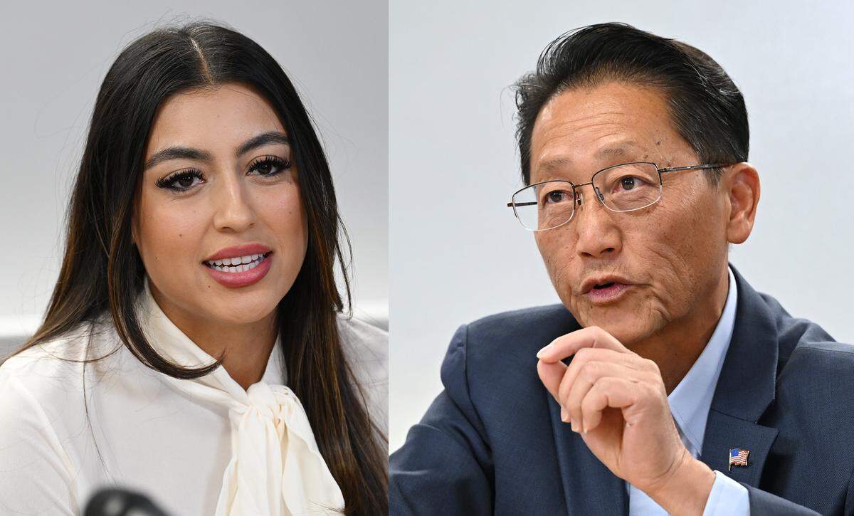 Fresno City Council District 5 candidates Danielle Parra, left, and Brandon Vang, right, seen during a Fresno City Council forum held by The Fresno Bee Friday, April 17, 2026 in downtown Fresno