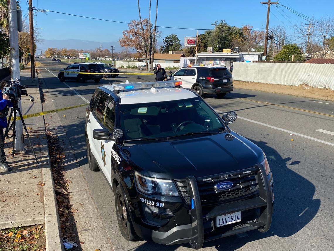 Fresno police block off a section of California near Pottle avenues on Friday, Dec. 9, 2022, following a shooting.