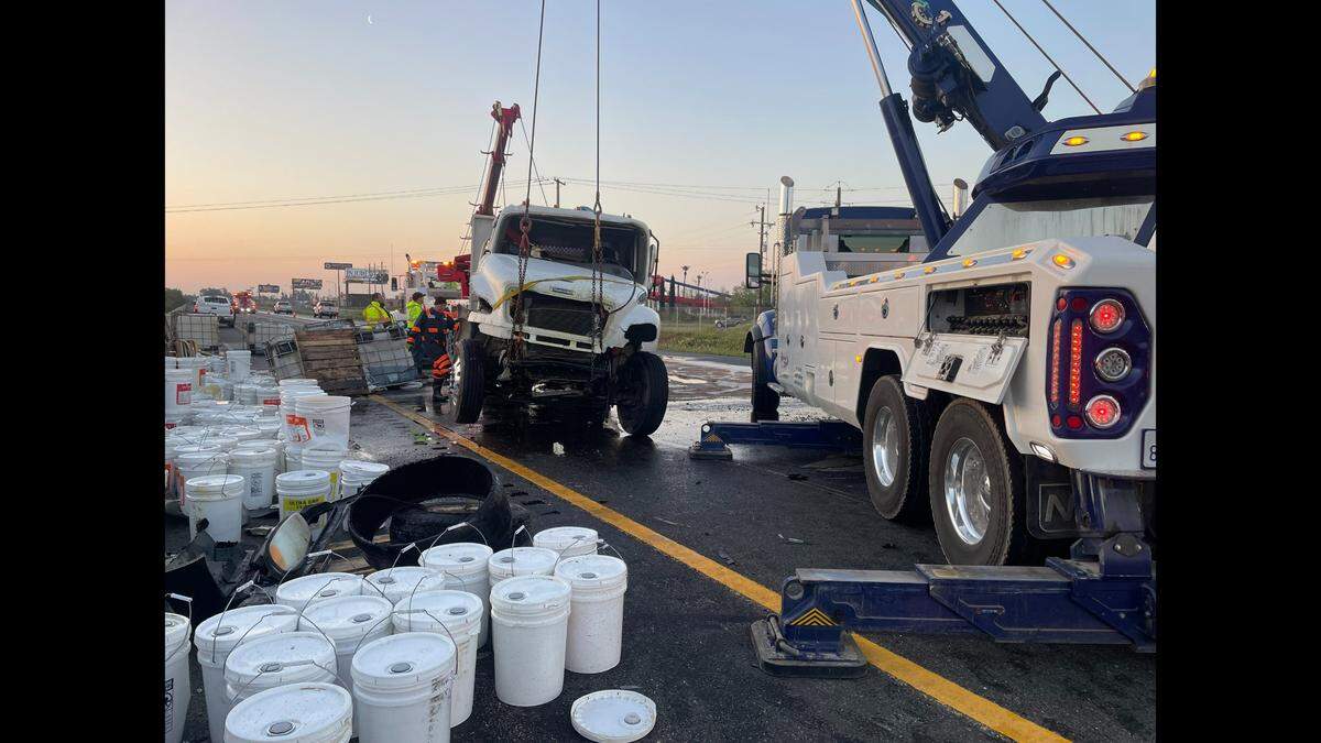 A big rig overturned and spilled fertilizer in a Fresno crash on Highway 99 on Friday, March 17, 2023, the California Highway Patrol said.