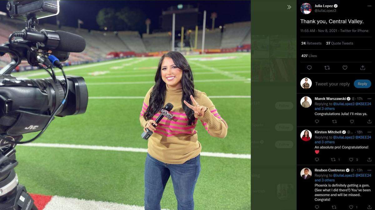Julia Lopez Tweeted a good bye to the Central Valley on Monday. The KSEE24/CBS47 sportscaster is leaving for Phoenix.