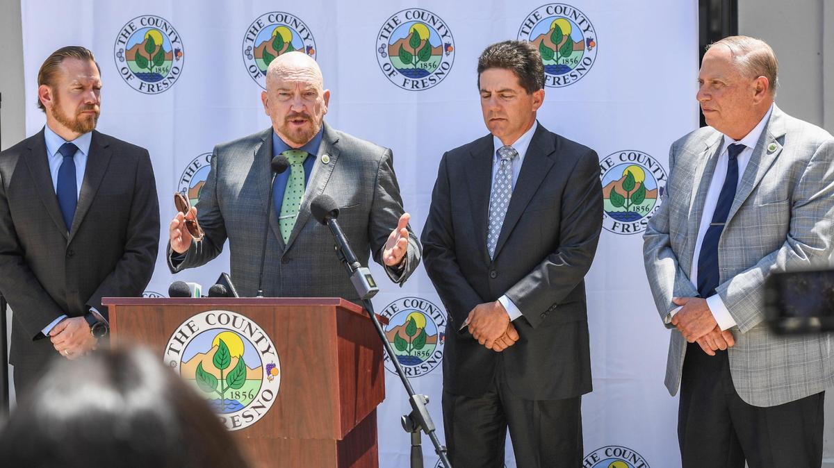 (Original text) Members of the Fresno County Board of Supervisors, from left, Nathan Magsig, Steve Brandau, Brian Pacheco and Buddy Mendes hold a news conference outside the Hall of Records in downtown Fresno on Tuesday, Aug. 10, 2021 to announce that the board will not step into masks-in-schools controversy.