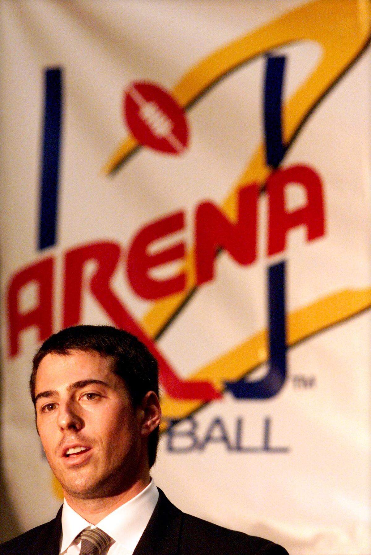 In this file photo from August 2001, Casey Wasserman, owner and chief executive officer of the Los Angeles Avengers, announces that Fresno will be the next site for an arenafootball2 franchise to play at Selland Arena.