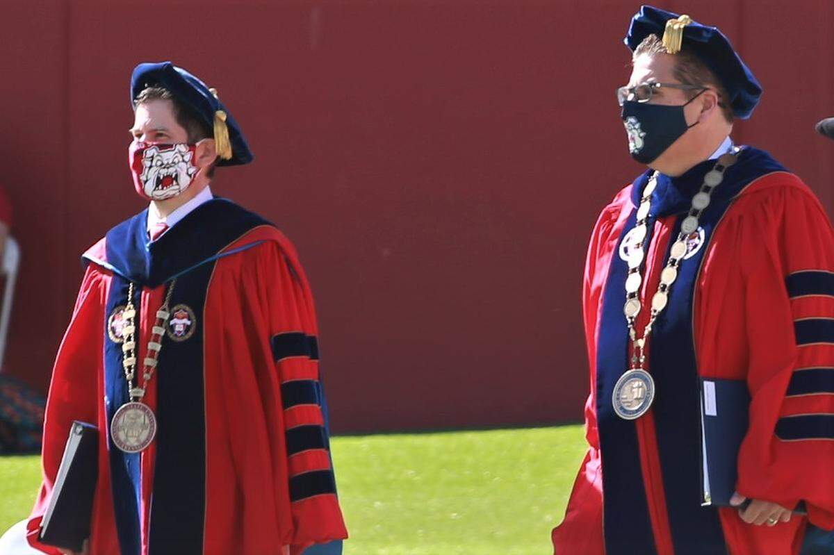 CSU Chancellor Dr. Joseph I. Castro (right) with Fresno State Interim President Saúl Jiménez-Sandoval during the university’s 109th/110th Commencement for the College of Social Sciences during their Saturday morning ceremony on May 15, 2021.