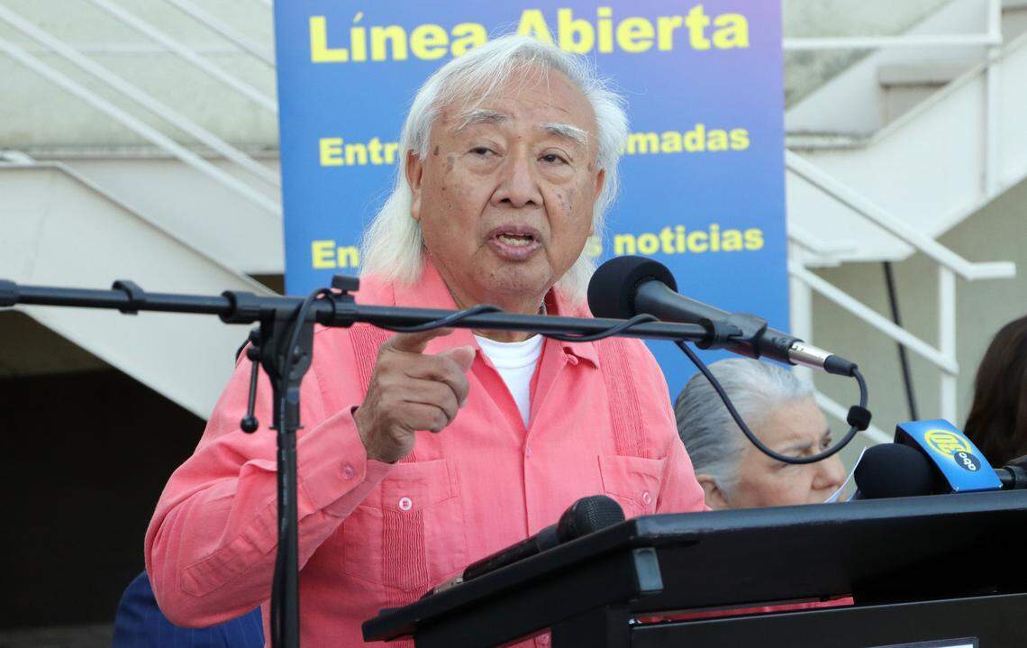 Radio Bilingüe founder/executive director Hugo Morales accepts a $2 million state allocation from Assemblymember Joaquín Arámbula and his district director, María Lemus, during a Nov. 8, 2023 ceremony at the radio station’s southeast Fresno facility.