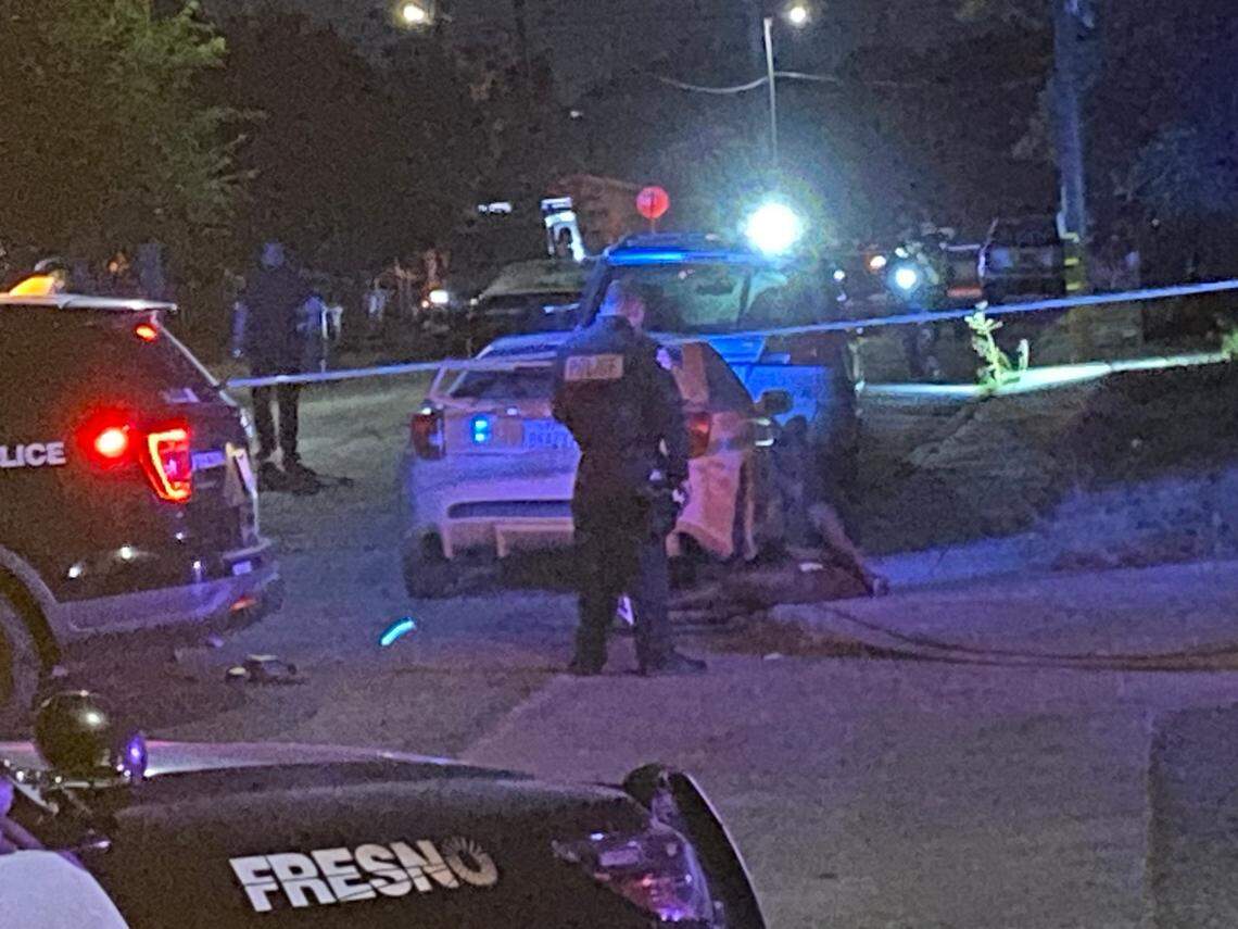 Officers with the Fresno Police Department investigate a car-to-car shooting at the 600 block of Sierra Vista Avenue and Turner avenues in Fresno, California on Sunday, July 6, 2025.