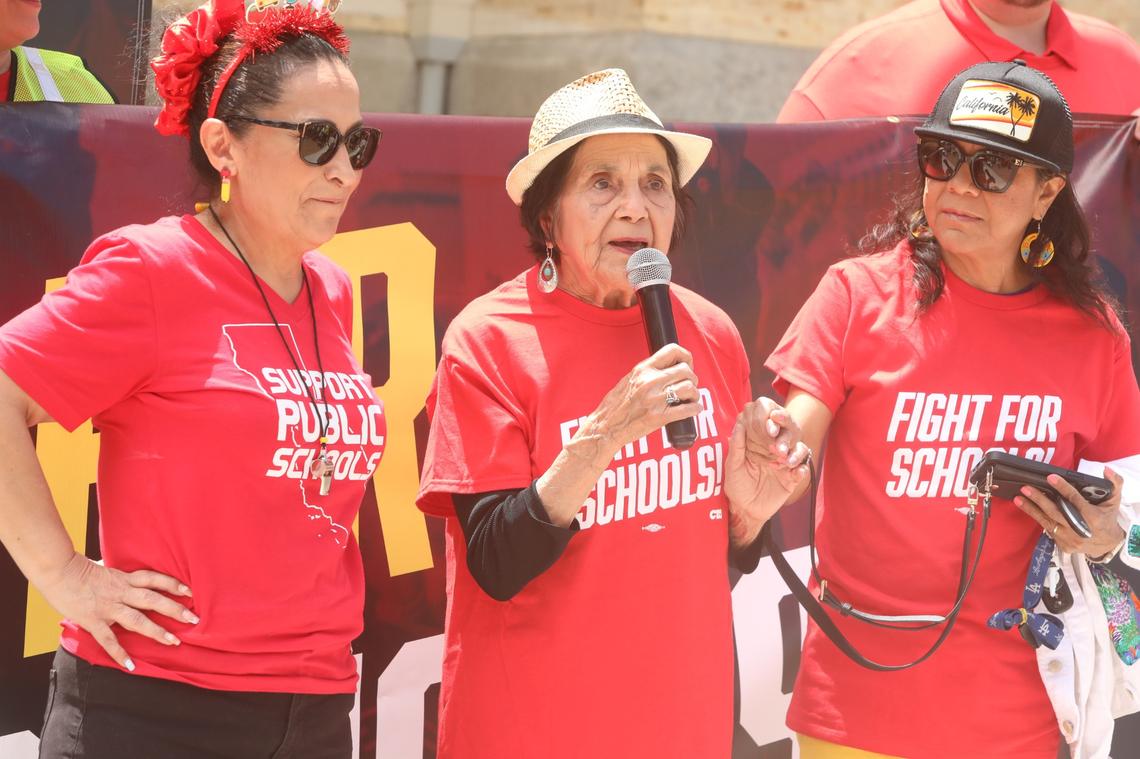 Former educator and civil right activist and labor leader Dolores Huerta joined teachers on May 17 in Hanford, CA in their fight for schools asking U.S. Rep. David Valadao to defend funding for valley schools and urge the Republican congressman to oppose federal cuts to public education.