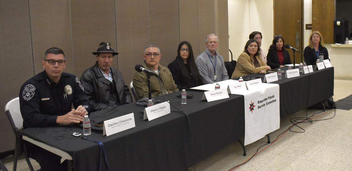 Madera city, county and school officials converge for a community forum Tuesday, Feb. 11, 2025, in front of a packed room of residents concerned about immigration enforcement operations in town. From left to right: Madera Police Chief Giachino Chiaramonte, City Councilmembers Artemio Villegas, Steve Montes and Elsa Mejia, Madera County Supervisors Robert Poythress, Leticia Gonzalez and Bobby Macaulay, and Madera Unified officials Elia Medina and Alyson Crafton.