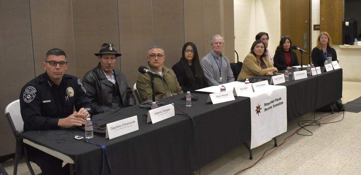Madera city, county and school officials converge for a community forum Tuesday, Feb. 11, 2025, in front of a packed room of residents concerned about immigration enforcement operations in town. From left to right: Madera Police Chief Giachino Chiaramonte, City Councilmembers Artemio Villegas, Steve Montes and Elsa Mejia, Madera County Supervisors Robert Poythress, Leticia Gonzalez and Bobby Macaulay, and Madera Unified officials Elia Medina and Alyson Crafton.