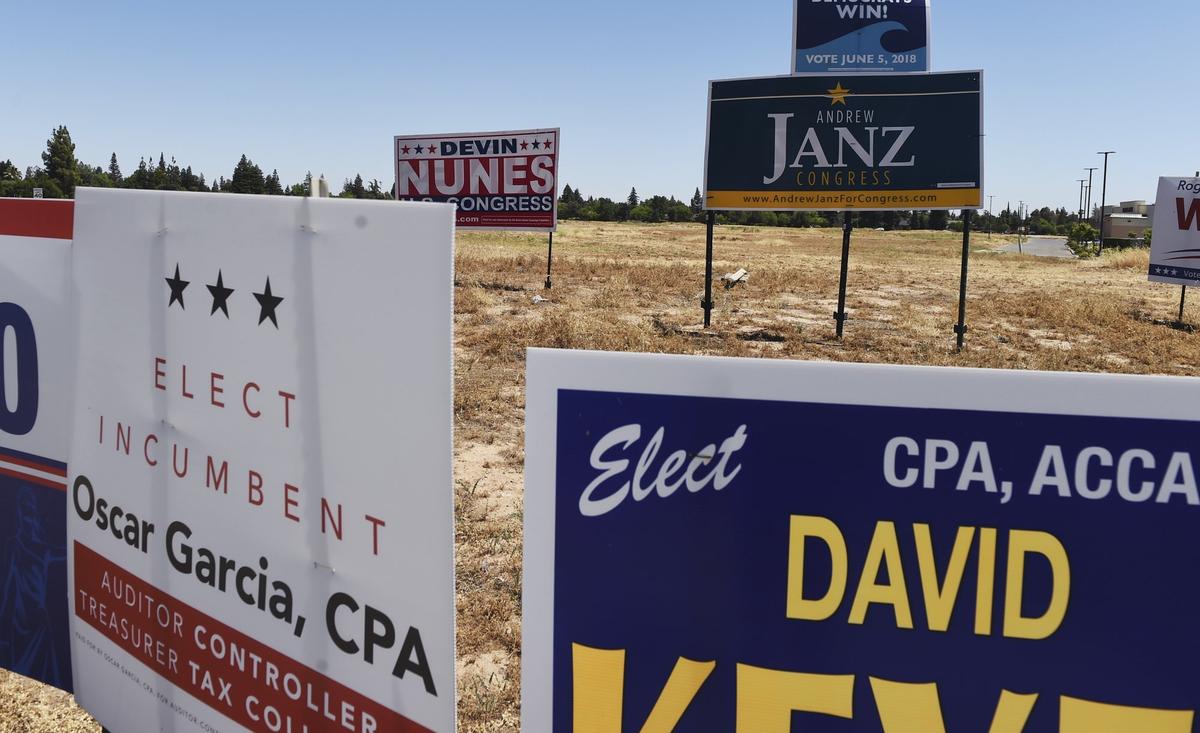 Campaign signs seen around north Fresno Monday afternoon, June 4, 2018.