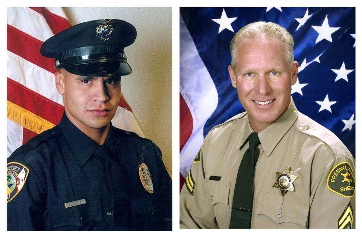 Reedley police officer Javier Bejar, left, and Fresno County Sheriff’s deputy Joel Wahlenmaier, right, died in the line of duty in Minkler in 2010.