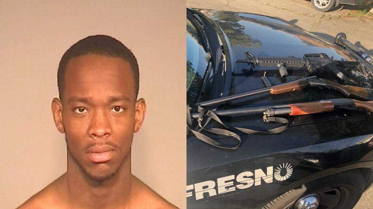 Fresno police reported arresting alleged gang member Desmond Devine with three firearms, including a .22 caliber assault rifle, on June 5, 2019.
