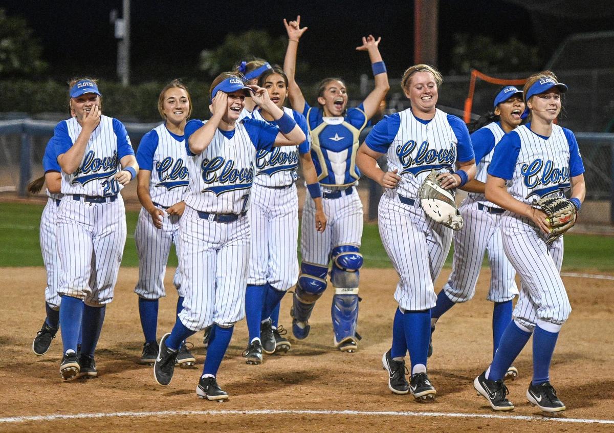The Clovis High School softball team celebrates their Central Section Division I softball championship after defeating Central at Margie Wright Diamond on Saturday, May 28, 2022.