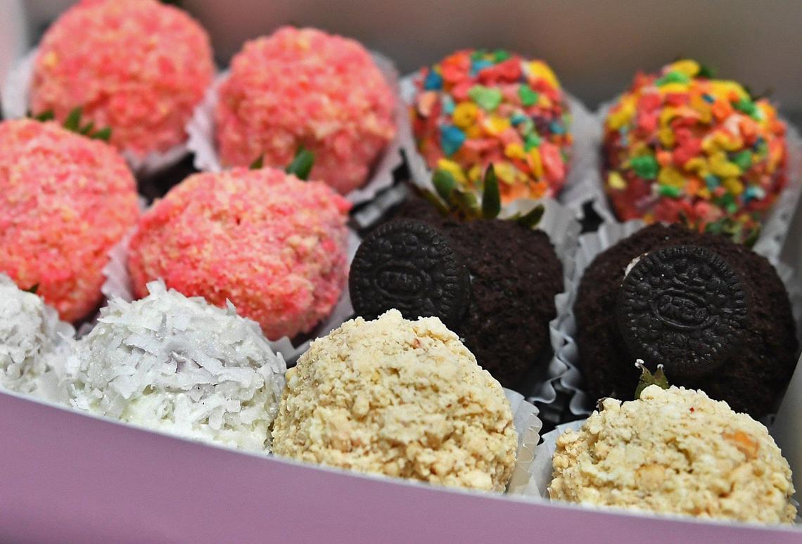 A gift box of chocolate covered strawberries by Fresno High student Briana Verdugo, 17, shown Friday, Oct. 9, 2020 in Fresno. Brianna’s Delights, specializing in chocolate covered strawberries, can be covered with various toppings like coconut, Fruity Pebbles, crushed Oreos, marzapan, and her own Strawberry Shortcake Crumble topping.