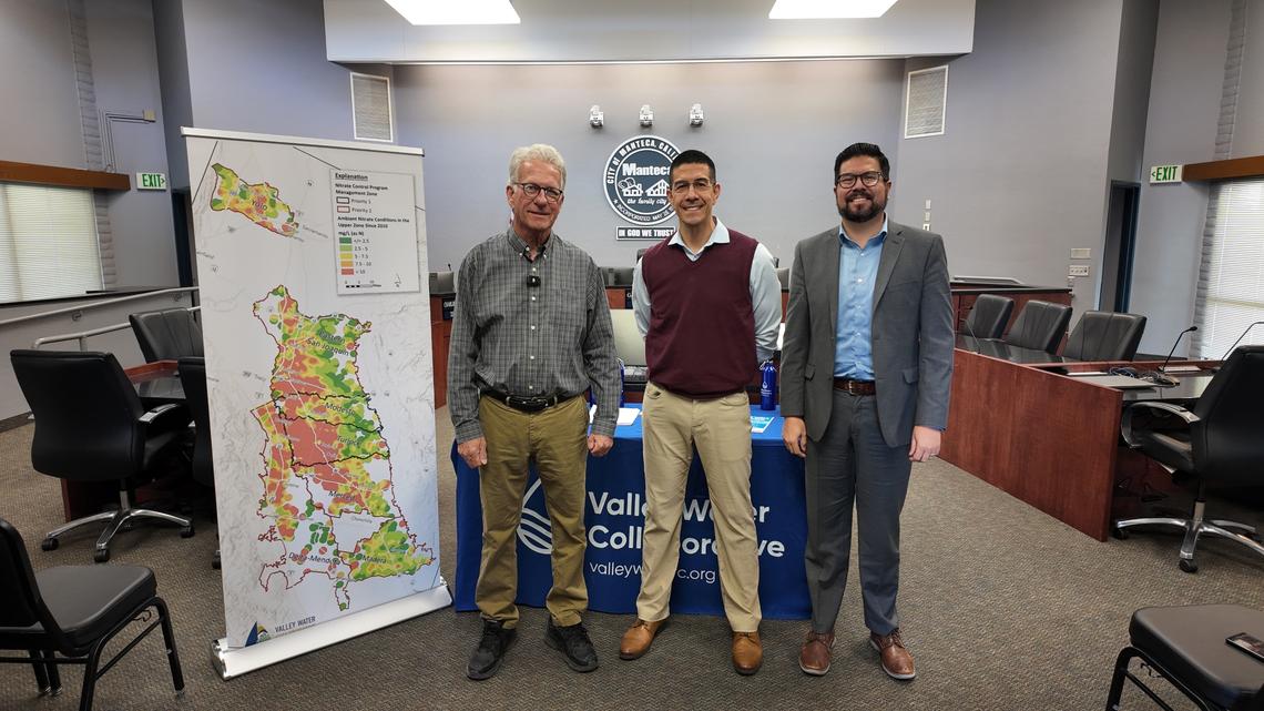 From left are Parry Klassen, executive director of the Valley Water Collaborative; Patrick Pulupa, executive officer of the Central Valley Regional Water Quality Control Board; and Joaquin Esquivel, chair of the state Water Resources Control Board at the press briefing in Manteca in February.