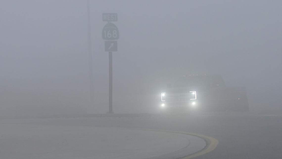 Fog socks in the Prather roundabout after a sunny afternoon Thursday, Dec. 11, 2025.
