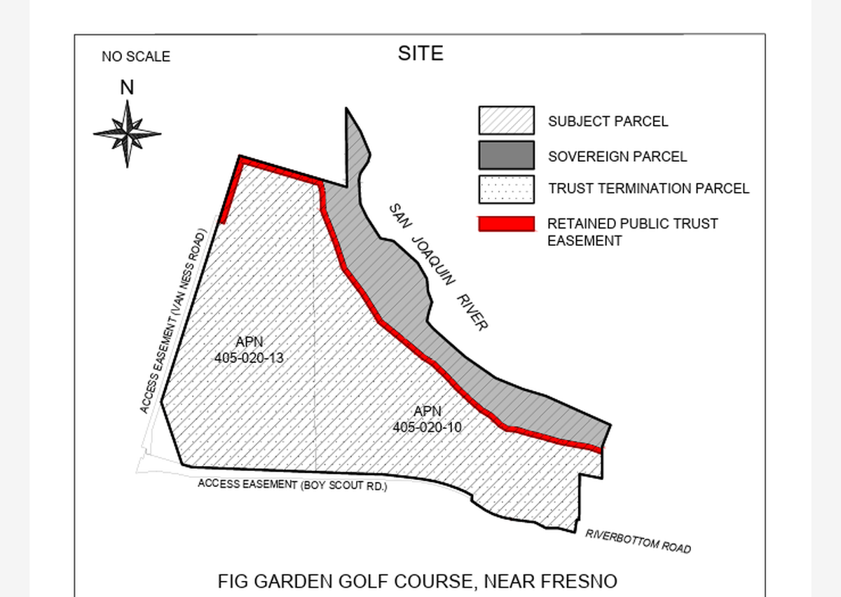 A screenshot from a State Lands Commission staff report shows a settlement between the state agency and Fig Garden Investments, the firm that owns the Fresno’s old Fig Garden Golf Course, will create a public easement that allows people to access the San Joaquin River.