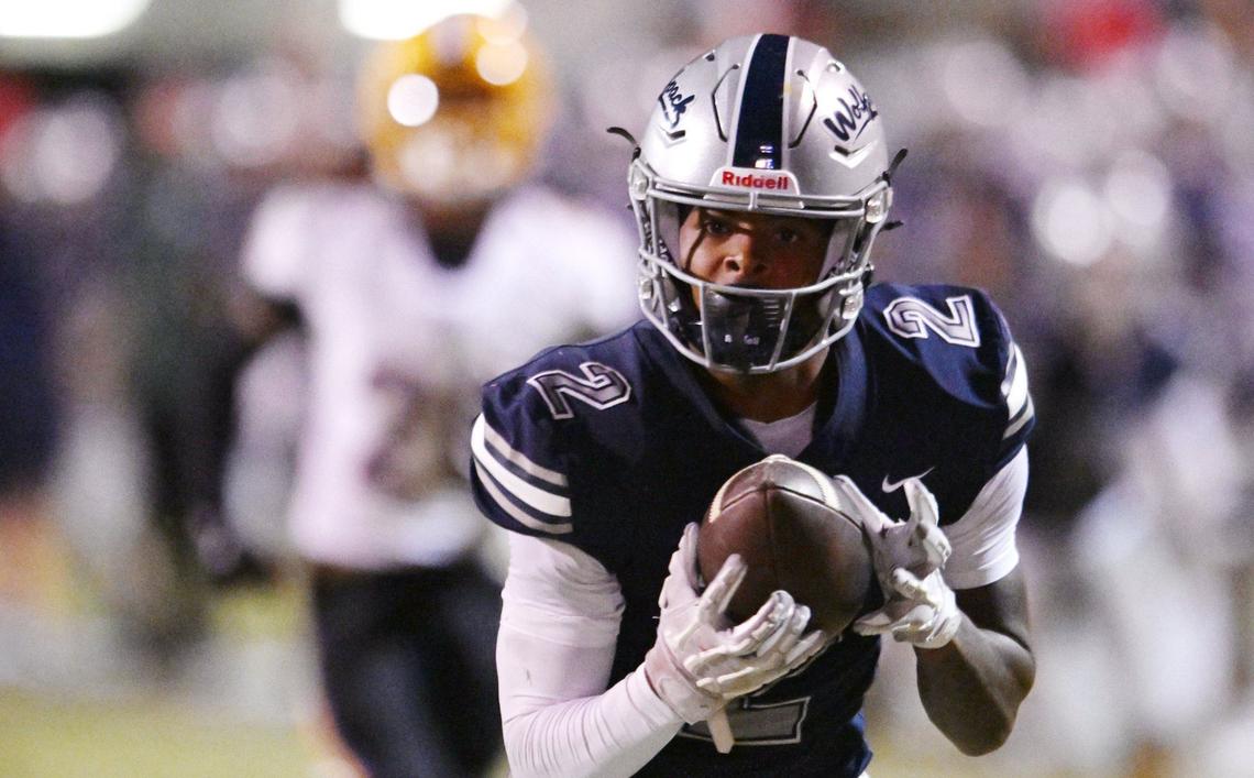 Clovis East’s Harold Duvall carries the ball into the endzone for a touchdown against Grant Union Friday, Sept. 13, 2024 in Clovis.