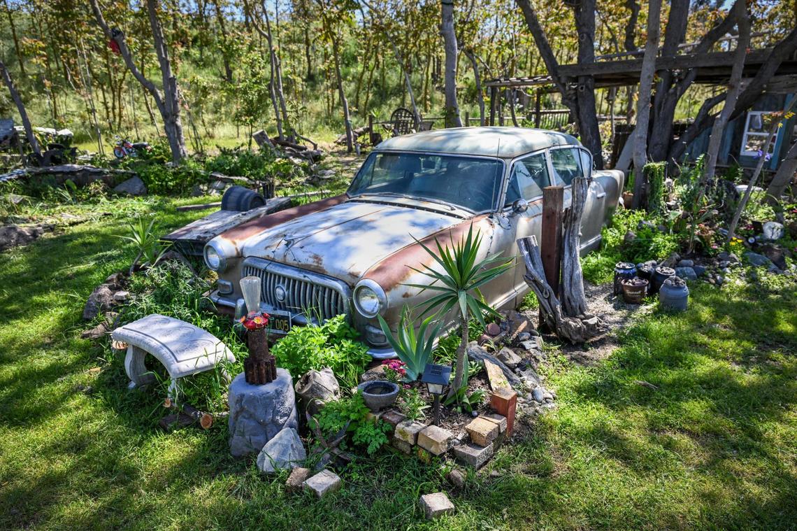 An old Nash car sits in the garden of an outdoor backyard space at Yosemite Hemp Co. in Friant on Wednesday, April 4, 2025. The backyard space is used for various public and private events at the CBD shop.