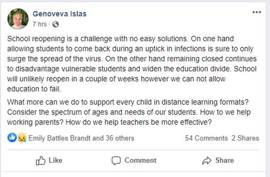 Fresno Unified School District Trustee Veva Islas says it’s “unlikely” school will reopen in the coming weeks.