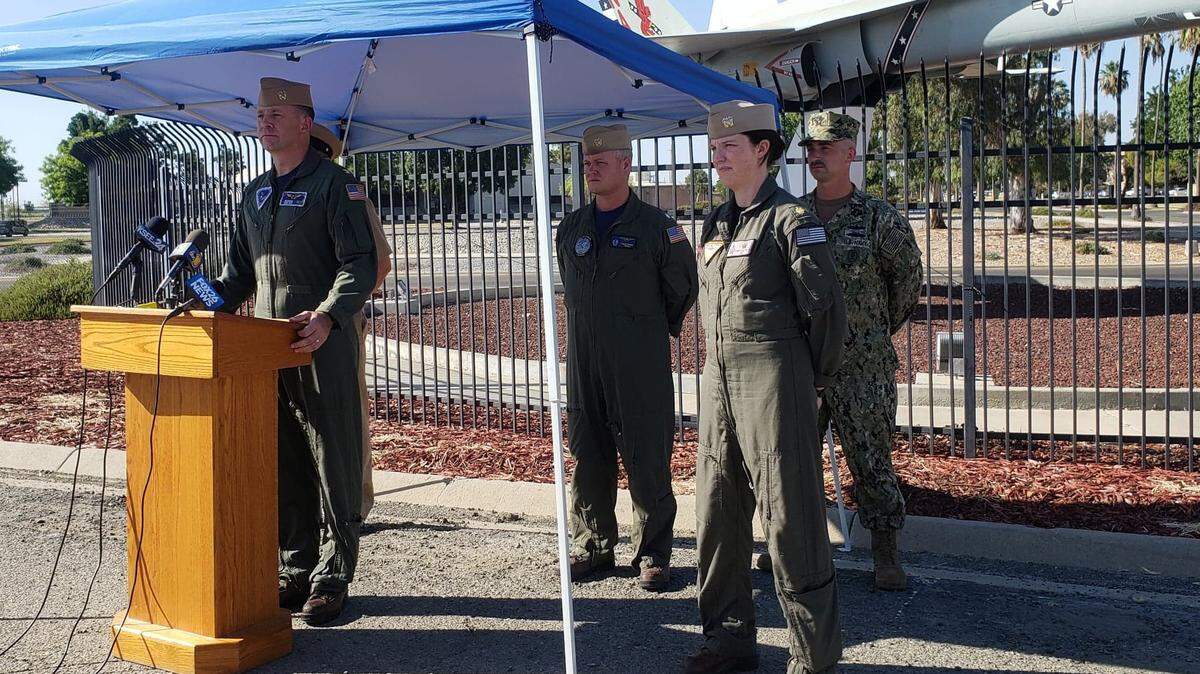 Strike Fighter Wing Pacific Cmdr. James Bates, far left, speaks during a press conference about a Lemoore Naval Air Station fighter jet that crashed in Death Valley on Wednesday, July 31, 2019.
