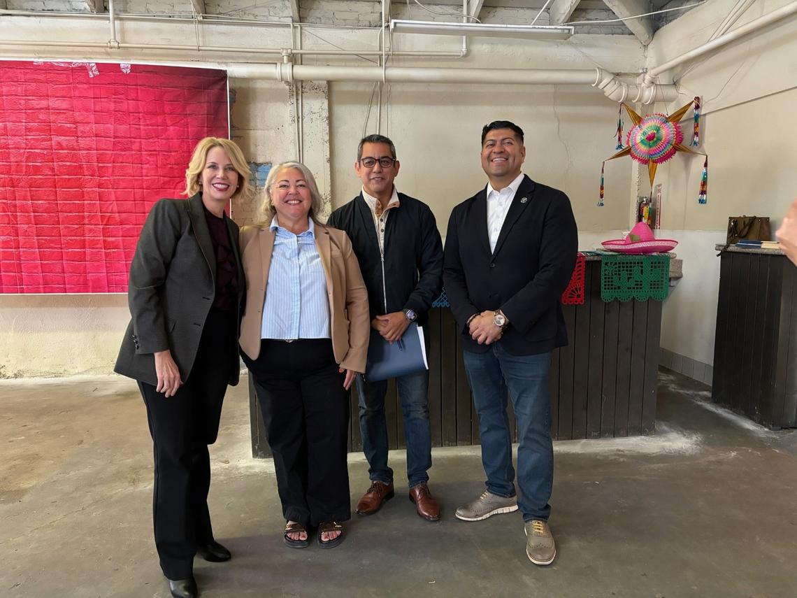 From left to right: Ashley Swearengin, former Fresno Mayor & current president & CEO of the Central Valley Community Foundation, Genoveva Islas, executive director of Cultiva La Salud, Fresno City Councilmembers Miguel Arias and Luis Chavez at press conference on proposed funding for street vendor kitchen on Oct. 28, 2024.