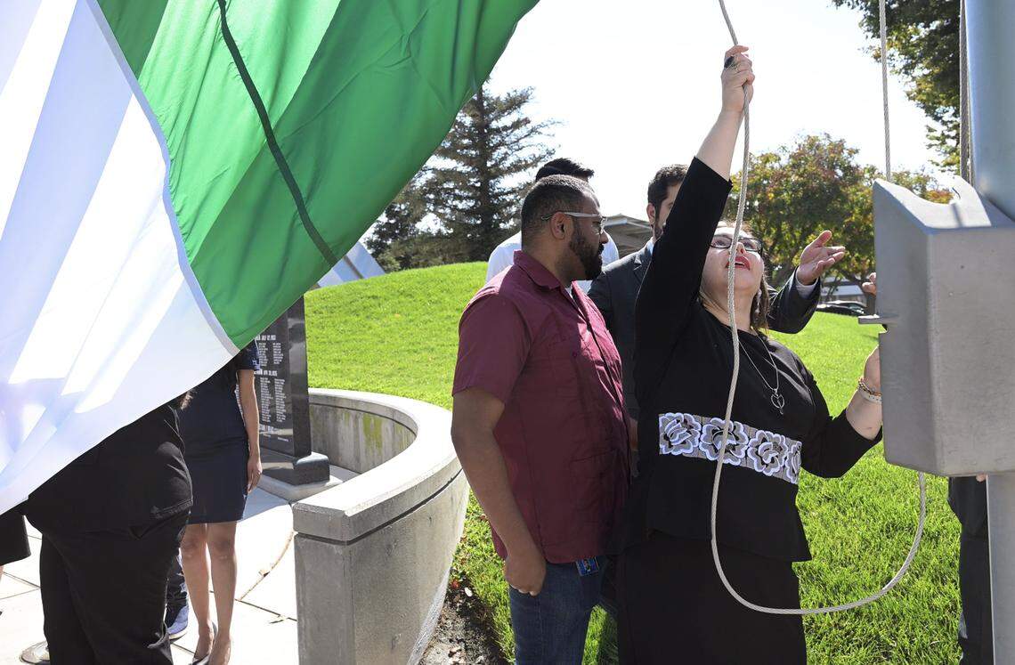 The new Mexican Consul Irma de Los Ángeles Pimentel Portilla oversees a Mexican flag-raising ceremony in front of Fresno City Hall Tuesday, Sept. 16, 2025 in downtown Fresno.