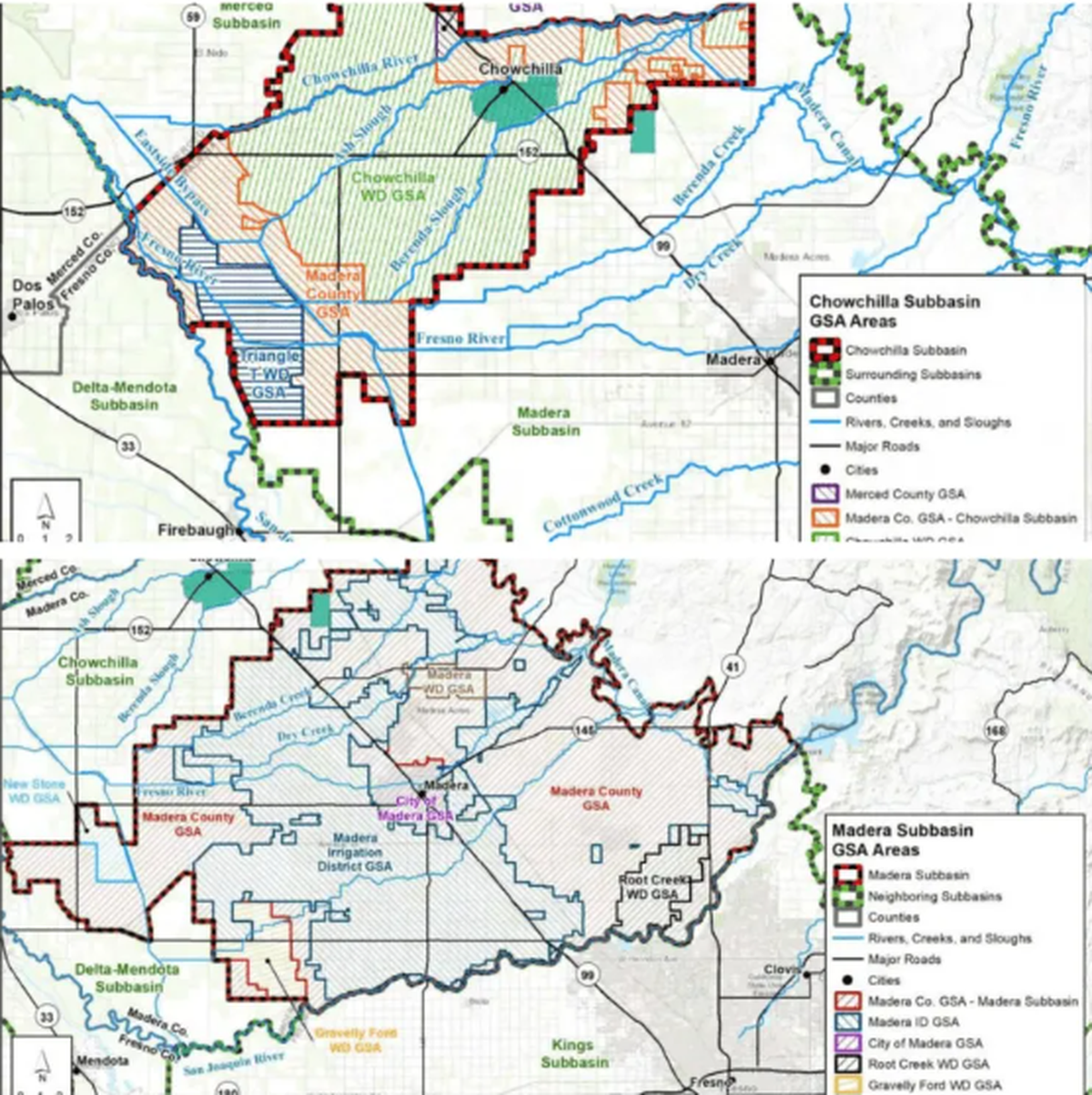 Top map shows Madera County GSA boundaries in the Chowchilla subbasin. Bottom map shows Madera Co. GSA boundaries in the Madera and Delta-Mendota subbasins.