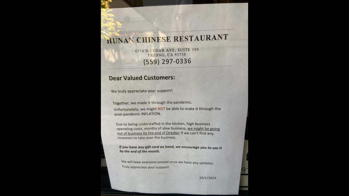 Hunan Chinese Restaurant posted this sign on its window this week. Without a buyer, it will probably close by the end of the month.