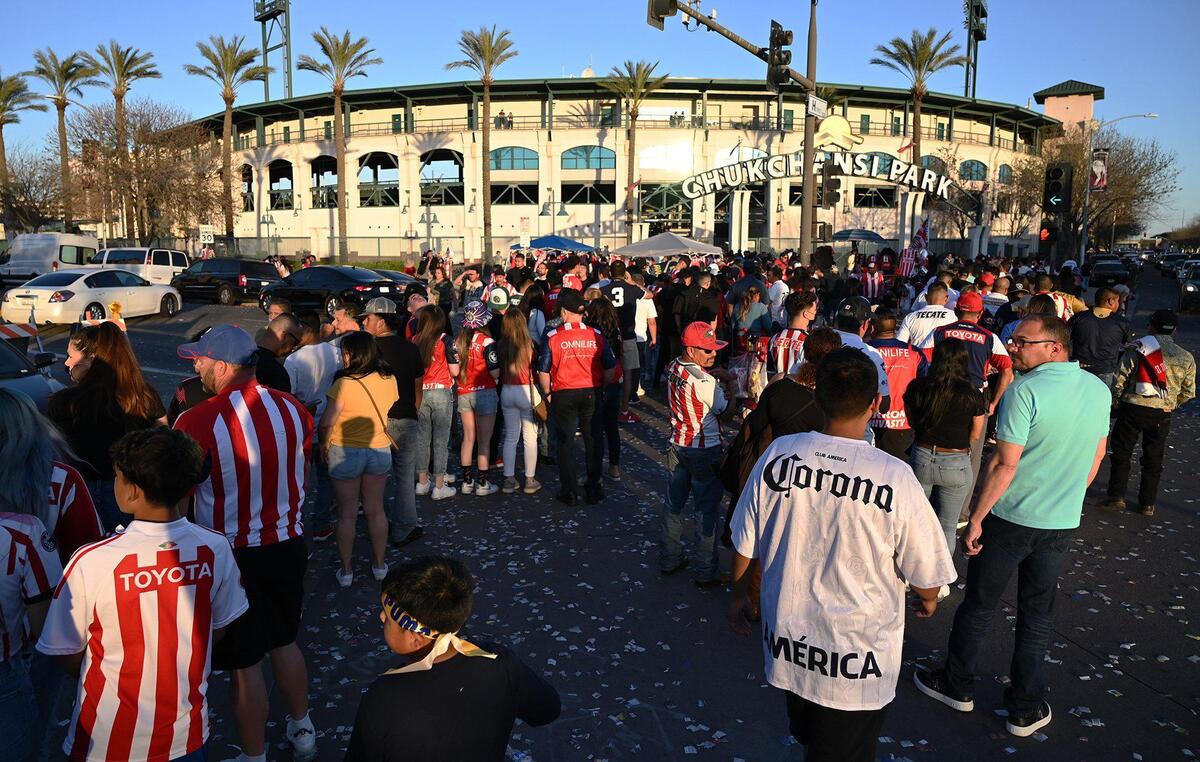 Thousands arrive at Chukchansi Park to watch Chivas de Guadalajara play against Pumas UNAM Wednesday, March 23, 2022 in Fresno.