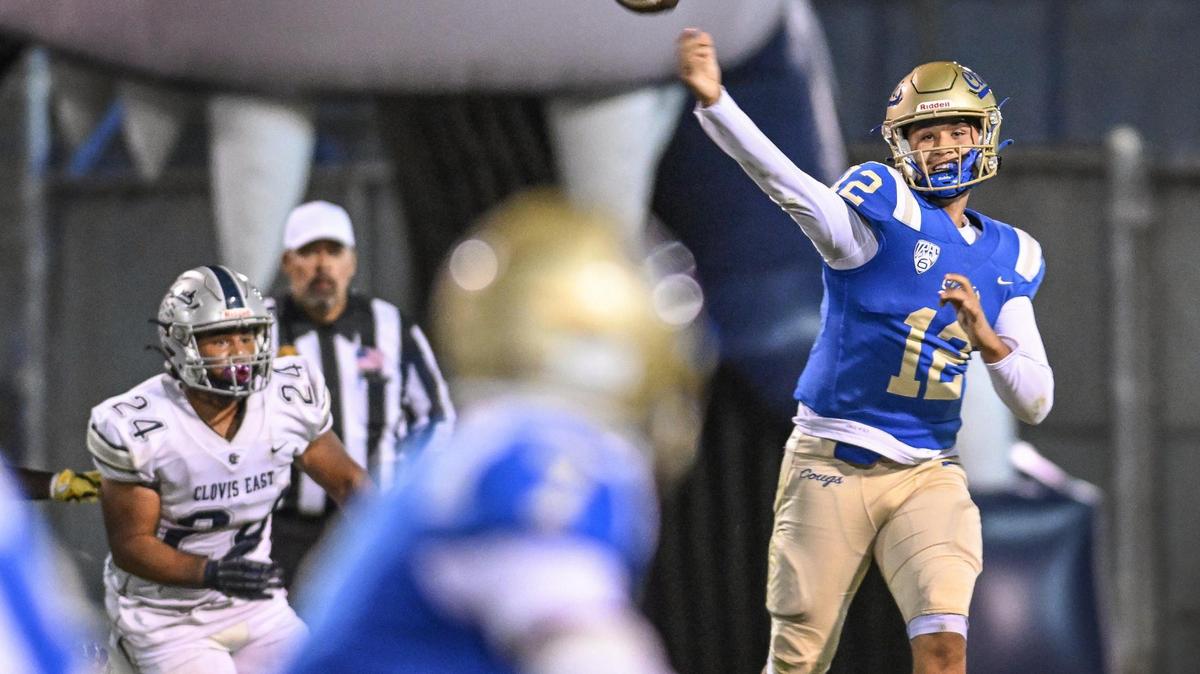 File photo of Clovis quarterback Deagan Rose throws downfield to an open receiver during their game against Clovis East at Lamonica Stadium on Friday, Oct. 18, 2024.