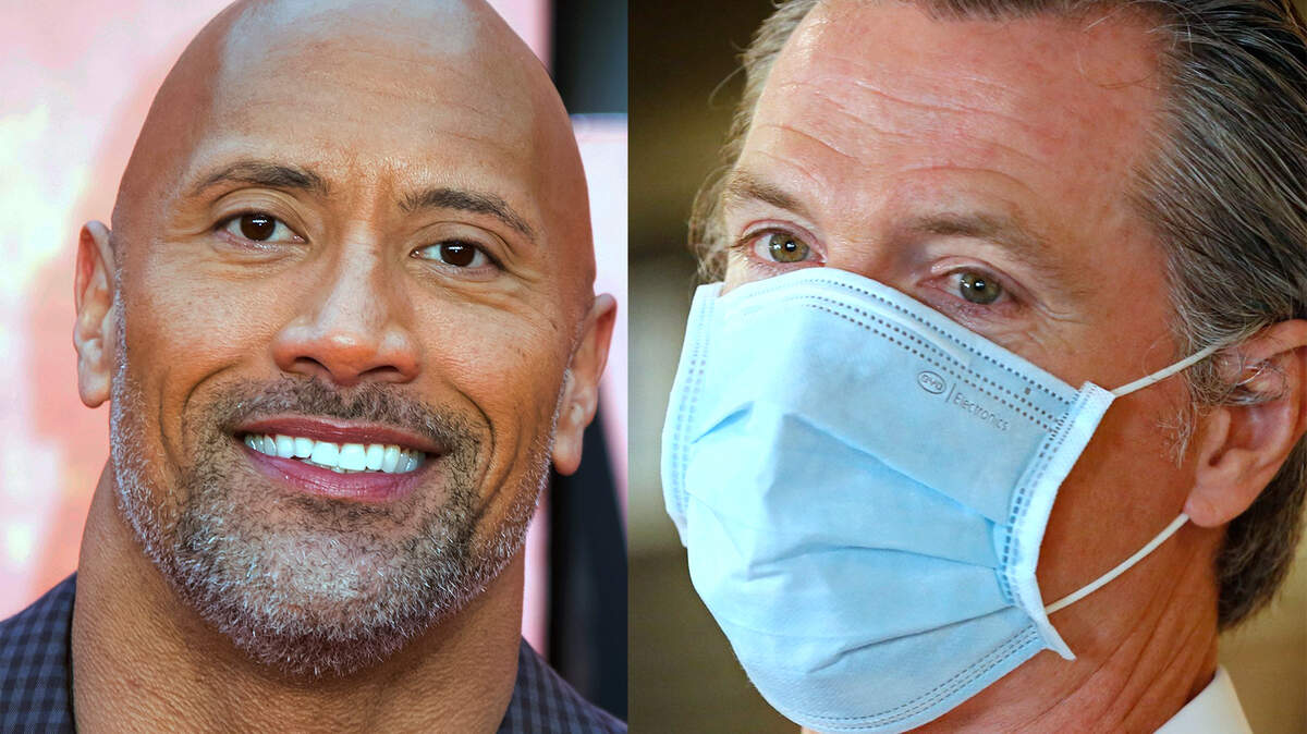 To appeal to California men who hesitate to wear face masks for COVID-19, Gov. Gavin Newsom, right, should enlist a Hollywood star like Dwayne “The Rock” Johnson.