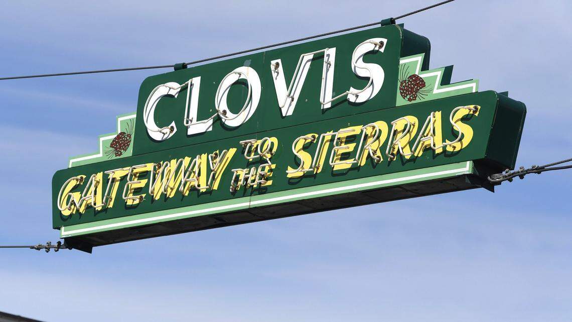 The historic Old Town Clovis sign over Pollasky Avenue.