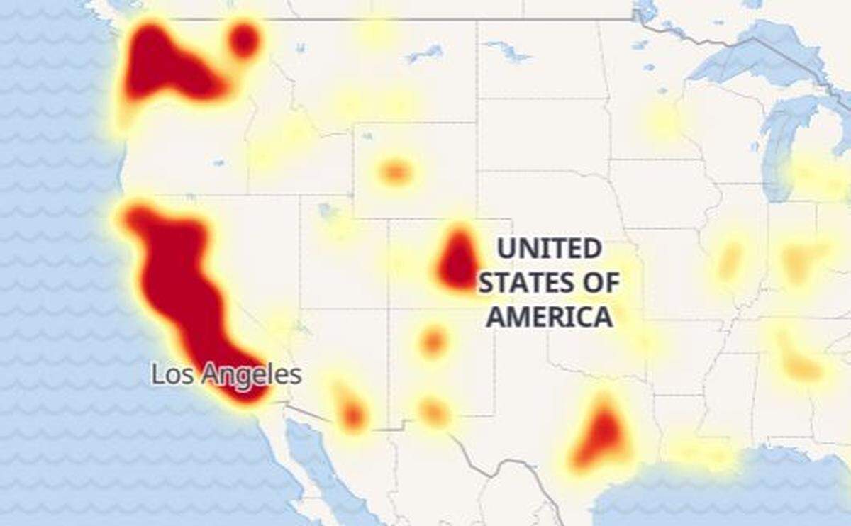 A heatmap of outage complaints by Verizon wireless customers shows that as of 4 p.m. Wednesday, April 20, much of California was experiencing a problem with service, as well as the Pacific Northwest and scattered pockets in the western United States.