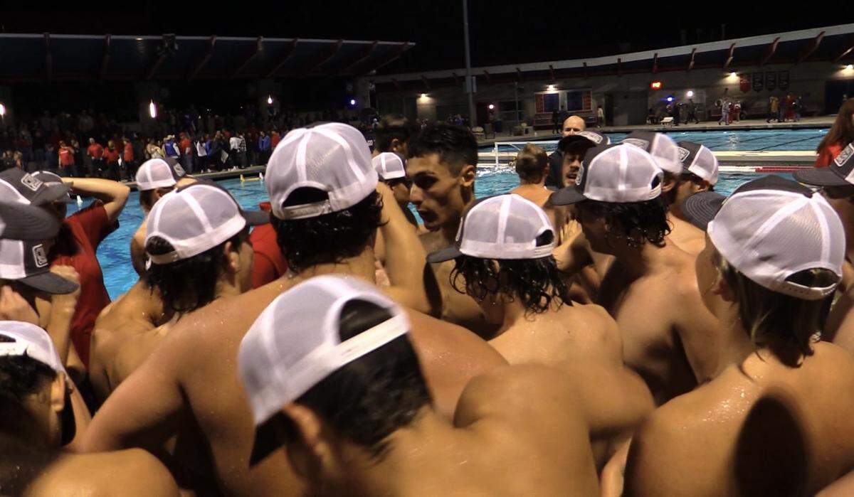 The Buchanan High boys water polo gathers after winning the Central Section Division I title on Saturday, Nov. 11, 2023.