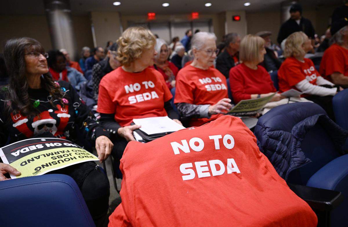 Hundreds gathered for a special Fresno City Council meeting open to the public to voice concerns over the Southeast Development Area (SEDA) plan Thursday evening, Dec. 18, 2025 in Fresno.