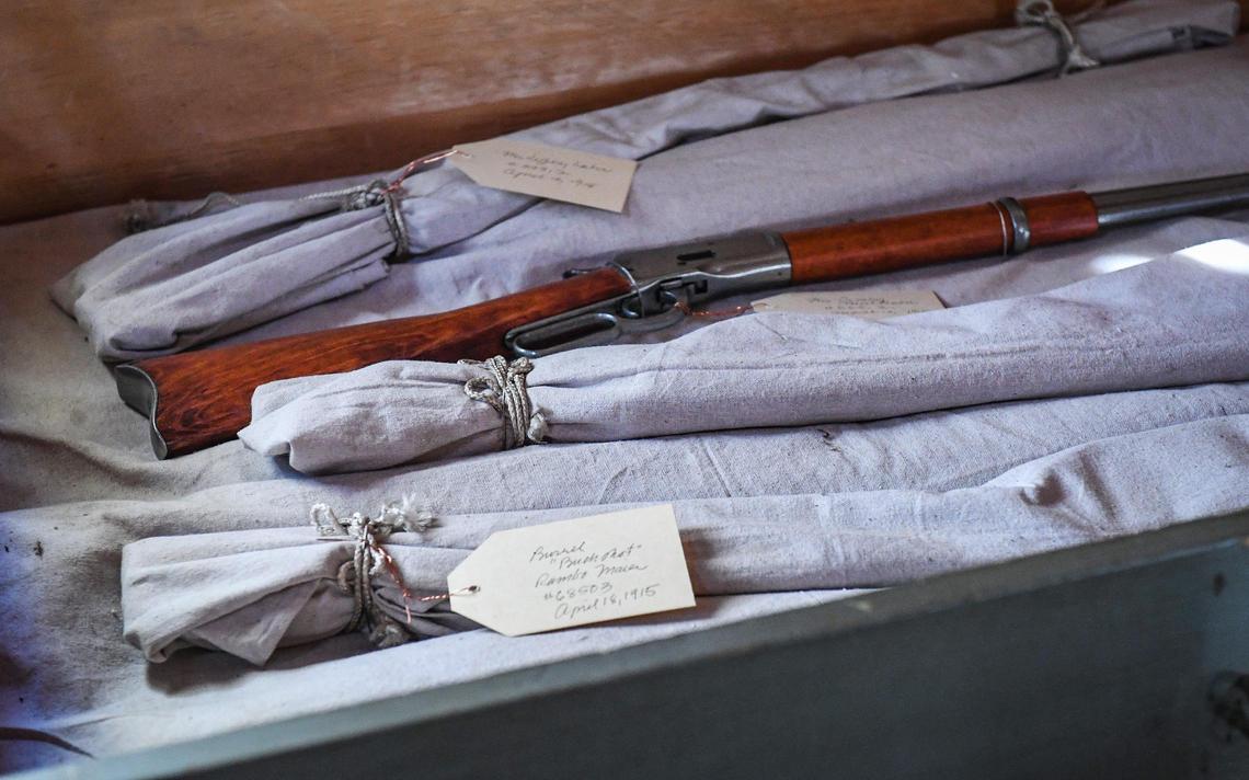 An old gun crate is among the artifacts displayed in the Acting Superintendent’s Office building in the Yosemite History Center in Yosemite’s Wawona on Tuesday, Sept. 28, 2021. In the early 1900s, the building was used to house the commander of the military administration that operated the park in the years prior to the establishment of the National Park Service.