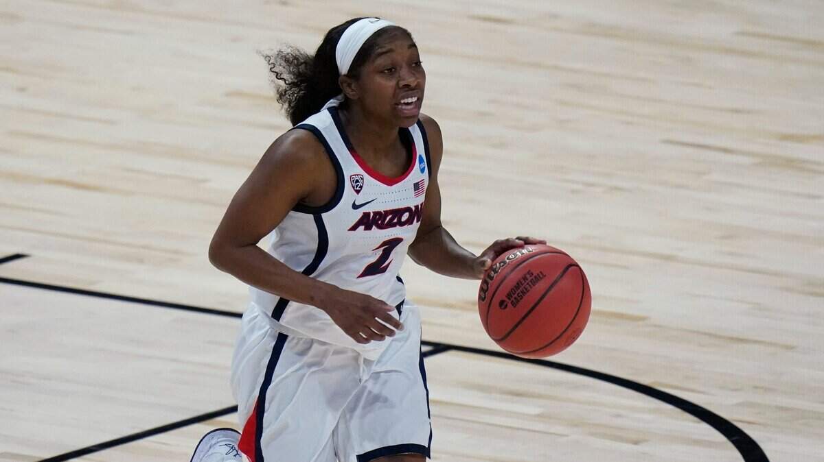 Former Arizona star Aari McDonald (2) during the first half of a college basketball game against Indiana in the Elite Eight round of the women’s NCAA tournament at the Alamodome in San Antonio, Monday, March 29, 2021.