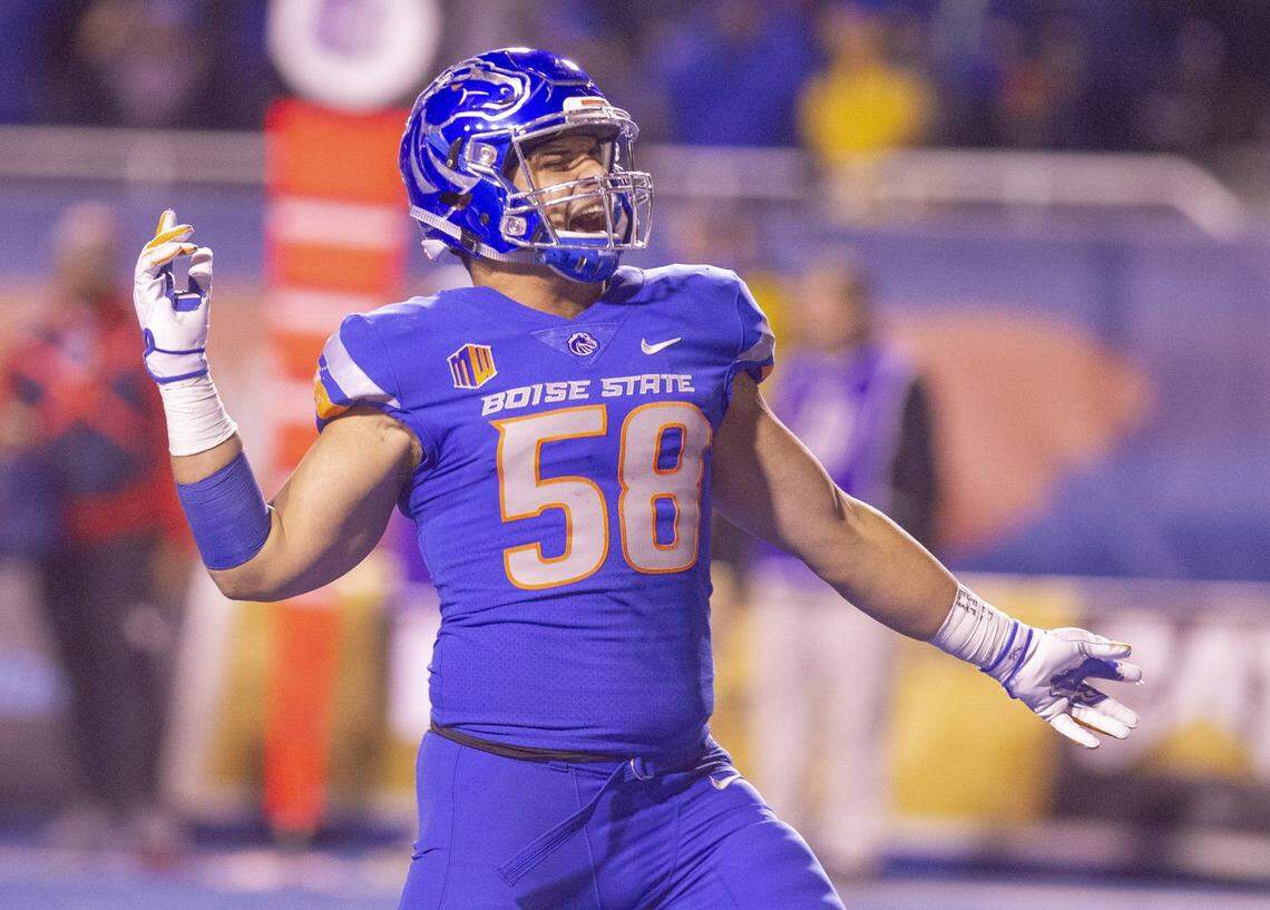 Boise State middle linebacker Tyson Maeva (58) celebrates a stop during the game at Albertsons Stadium. Boise State defeated Fresno 24-17. Saturday November, 10, 2018.