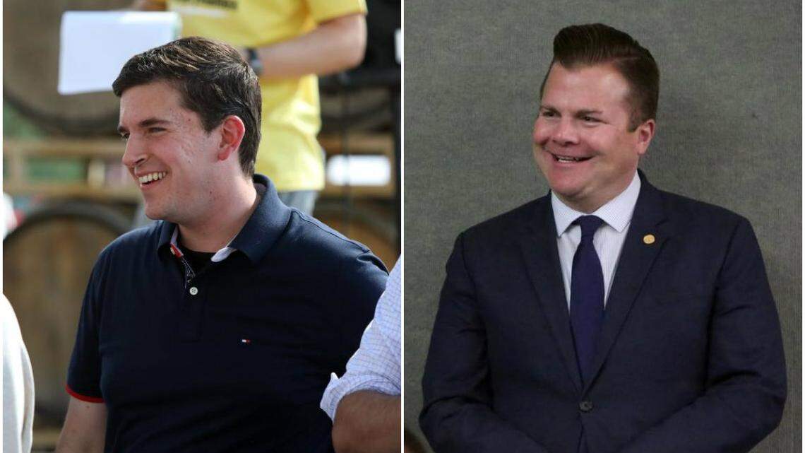 Tyler Maxwell, left, submitted a complaint to U.S. Sen. Kamala Harris’ office alleging that Matt Rogers, right, a former district director for the senator’s office, began harassing him when he launched a campaign for Fresno City Council. Rogers has since left the senator’s office; through his attorney, he denies Maxwell’s allegations.