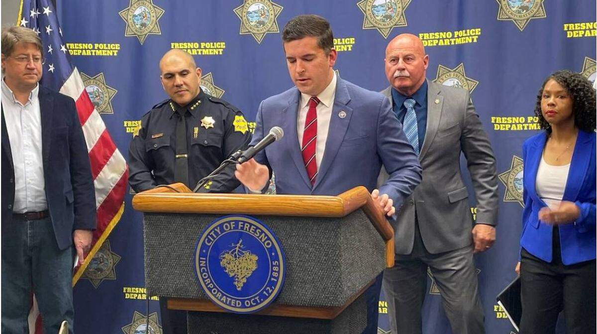 Fresno City Council Member Tyler, surrounded by city leaders, in February proposed a tough local ordinance targeting catalytic converter thieves.