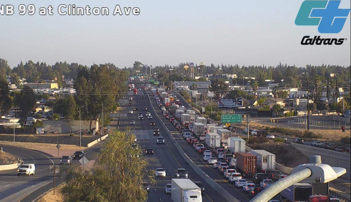 Traffic on southbound 99 is backed up because of an oil spill in Fresno, California on Thursday, Oct. 9, 2025.
