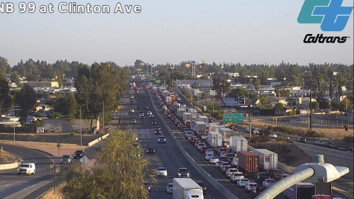 Traffic on southbound 99 is backed up because of an oil spill in Fresno, California on Thursday, Oct. 9, 2025.