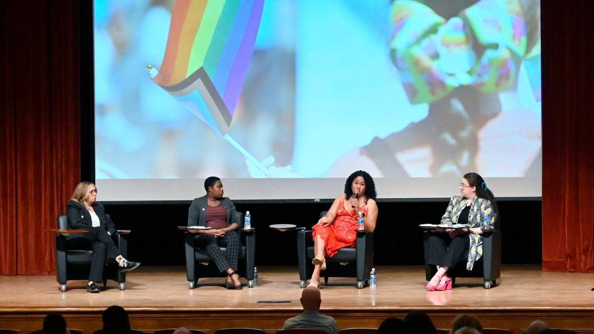 The third panel discussion is seen at the Stop The Hate Townhall, held Thursday evening, Sept. 28, 2023 at Fresno City College’s Old Administration Building theater in Fresno. The forum featured three separate panel discussions addressing the impact of hate crimes in the Fresno LGBTQ+ community.